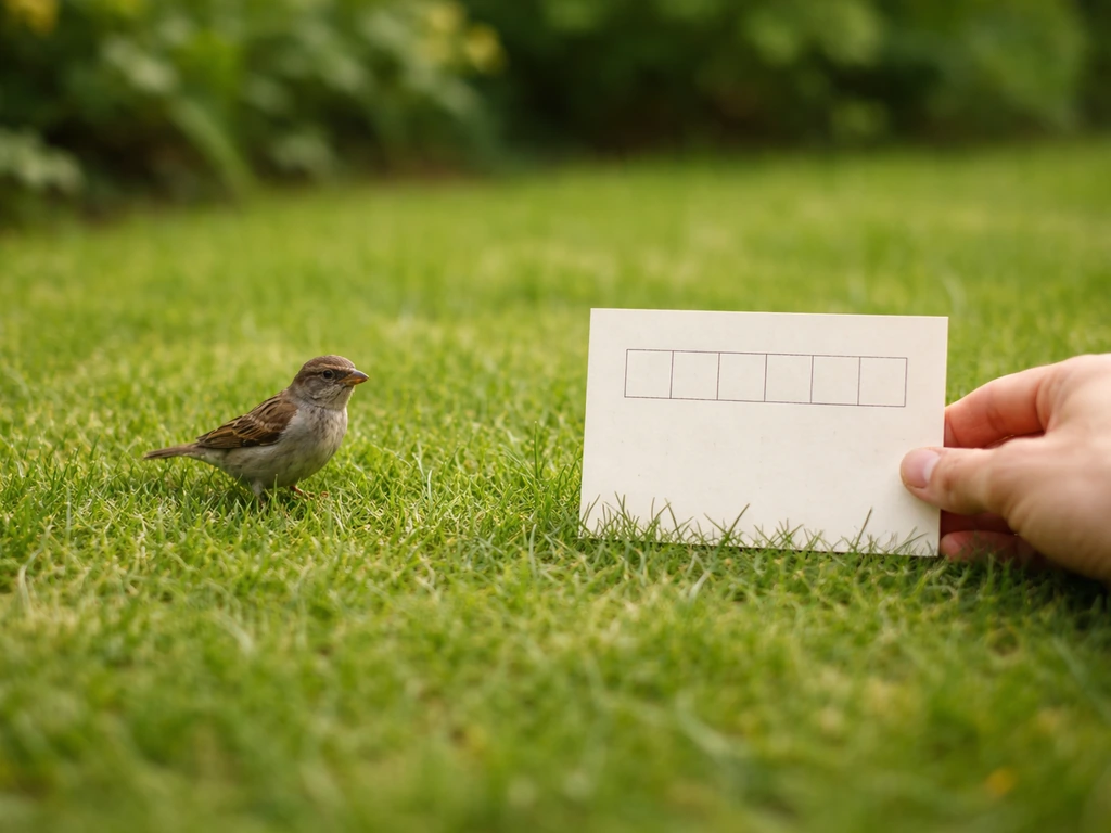 Petit oiseau sur une pelouse, avec un carton de grille vierge évoquant une recherche de mot.