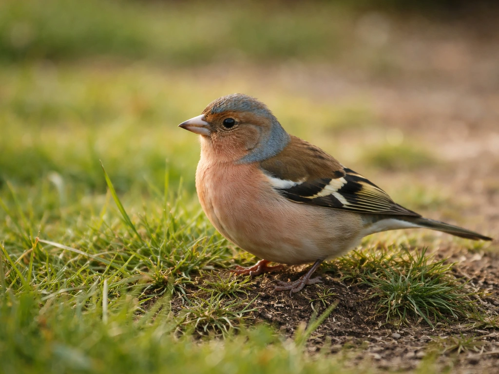 Pinson des arbres près du gazon, perché bas sur l’herbe avec un arrière-plan de jardin flou.