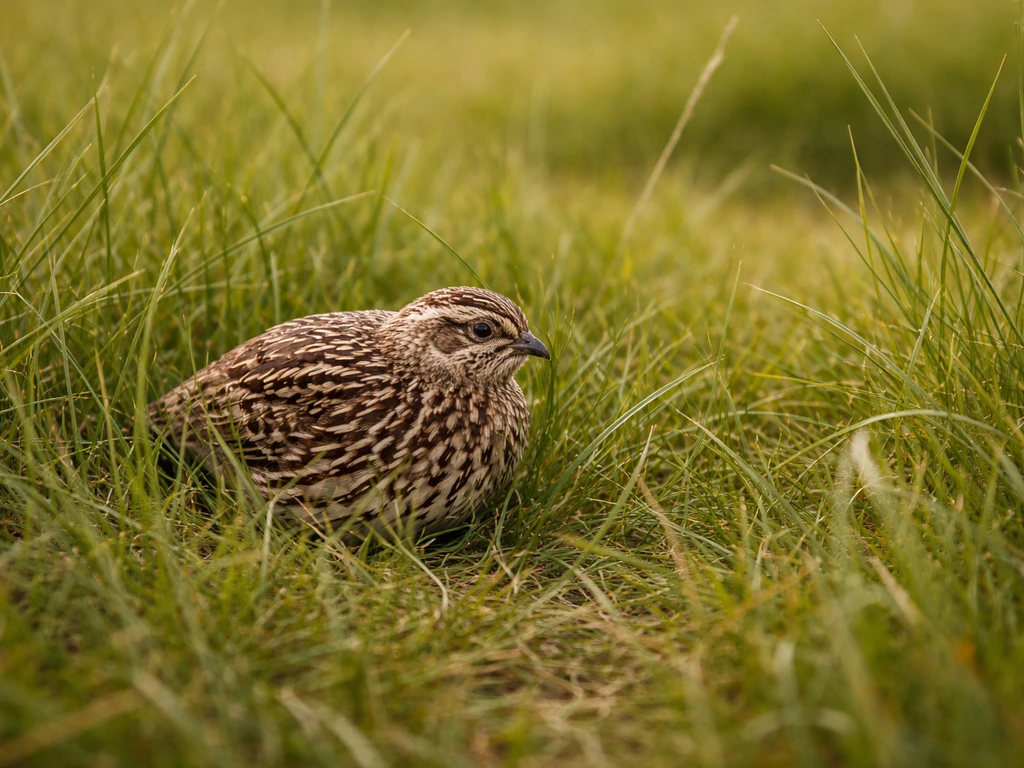 Caille des blés discrète au sol dans un gazon haut, au bord d’une prairie en lumière naturelle.