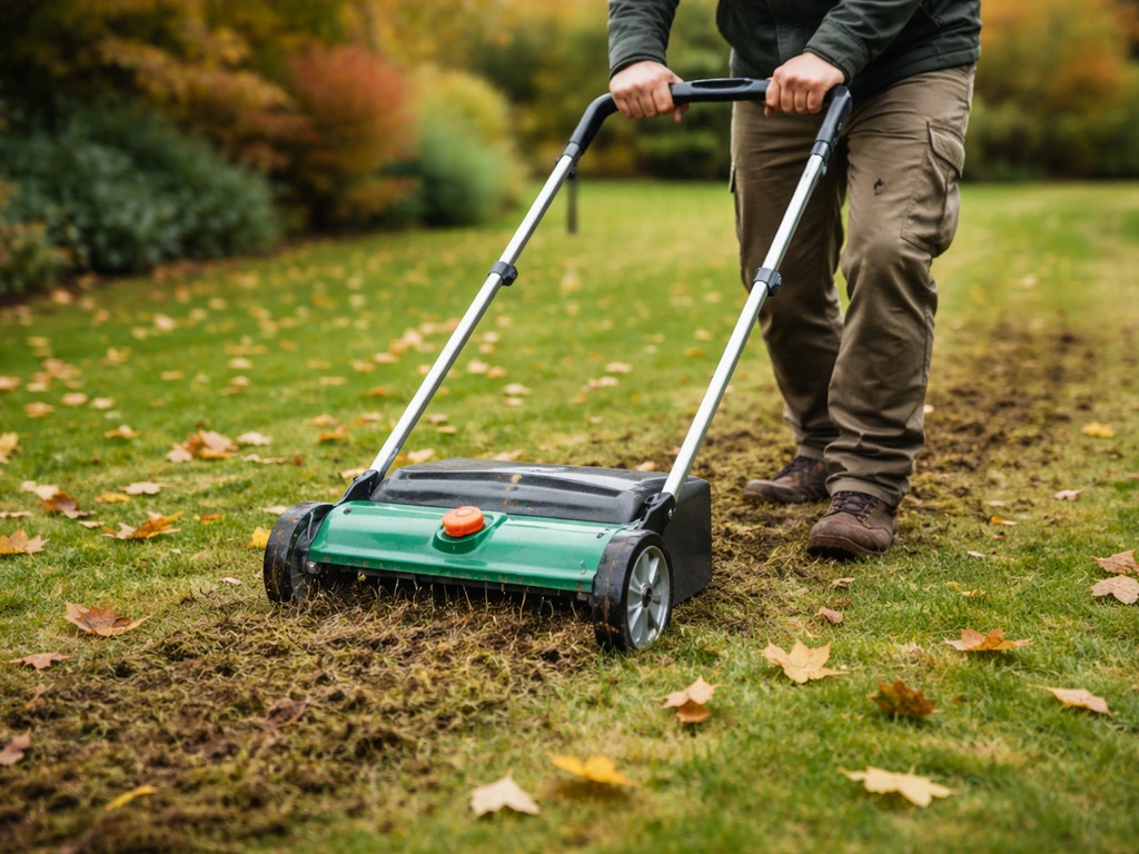 Main poussant un scarificateur sur une pelouse d’automne, sol légèrement travaillé avant l’hiver.