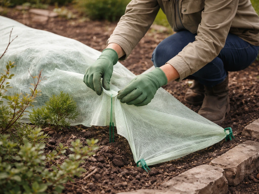 Un jardinier anonyme tend et fixe un voile d’hivernage sur un coin de jardin exposé.