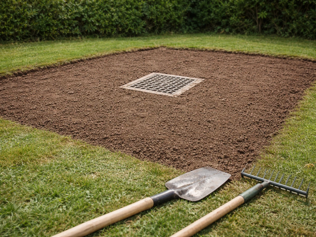 Zone de jardin nettoyée, terre décompactée, amendements étalés et surface nivelée pour regarnissage