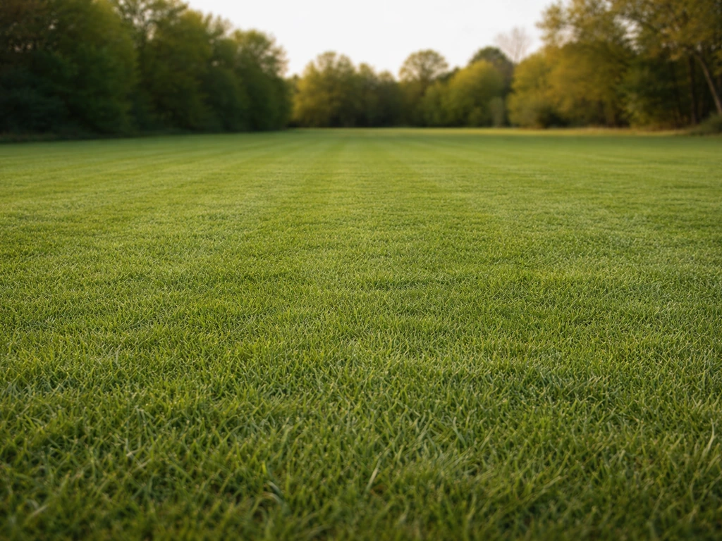 Terrain de jeu extérieur avec gazon anglais dense et vert, texture visible, prêt pour le piétinement.