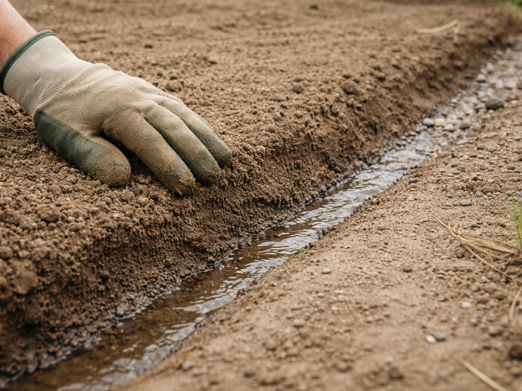 Geste de jardinier près d’un sol clair et drainant, quelques flaques évitées, zone prête pour semer le gazon.