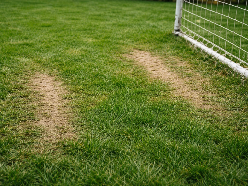 Pelouse de jardin avec bandes plus clairsemées aux zones de départ, freinage et bords de filet.