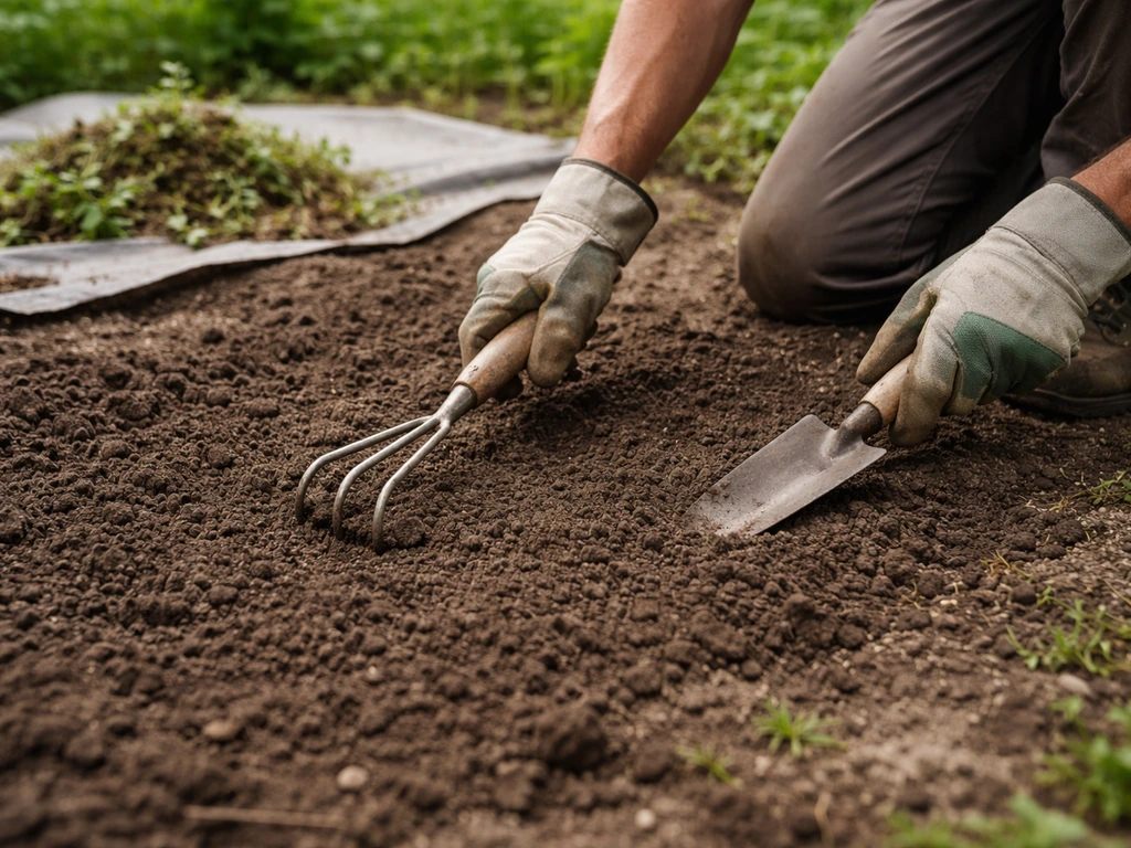 Désherbage et émiettement du sol, terre nivelée prête à recevoir des graines dans un potager.