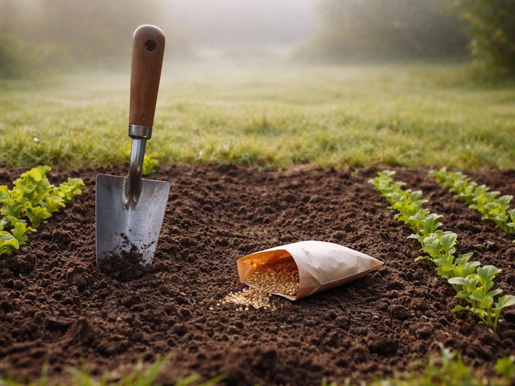 Petite pelle et sac de graines sur un sol de jardin, avec deux rameaux verts suggérant deux saisons de semis.