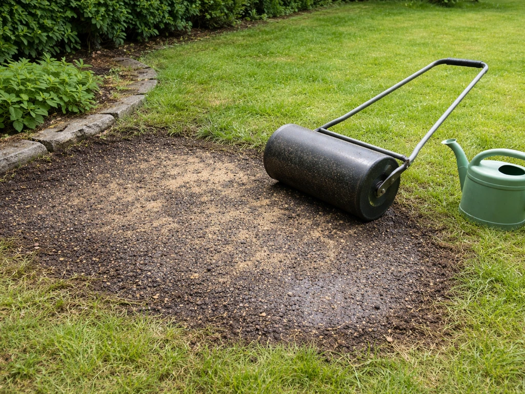 Zone de pelouse dégarnie après sursemis : terreau clair, graines au sol, rouleau léger et arrosage discret.