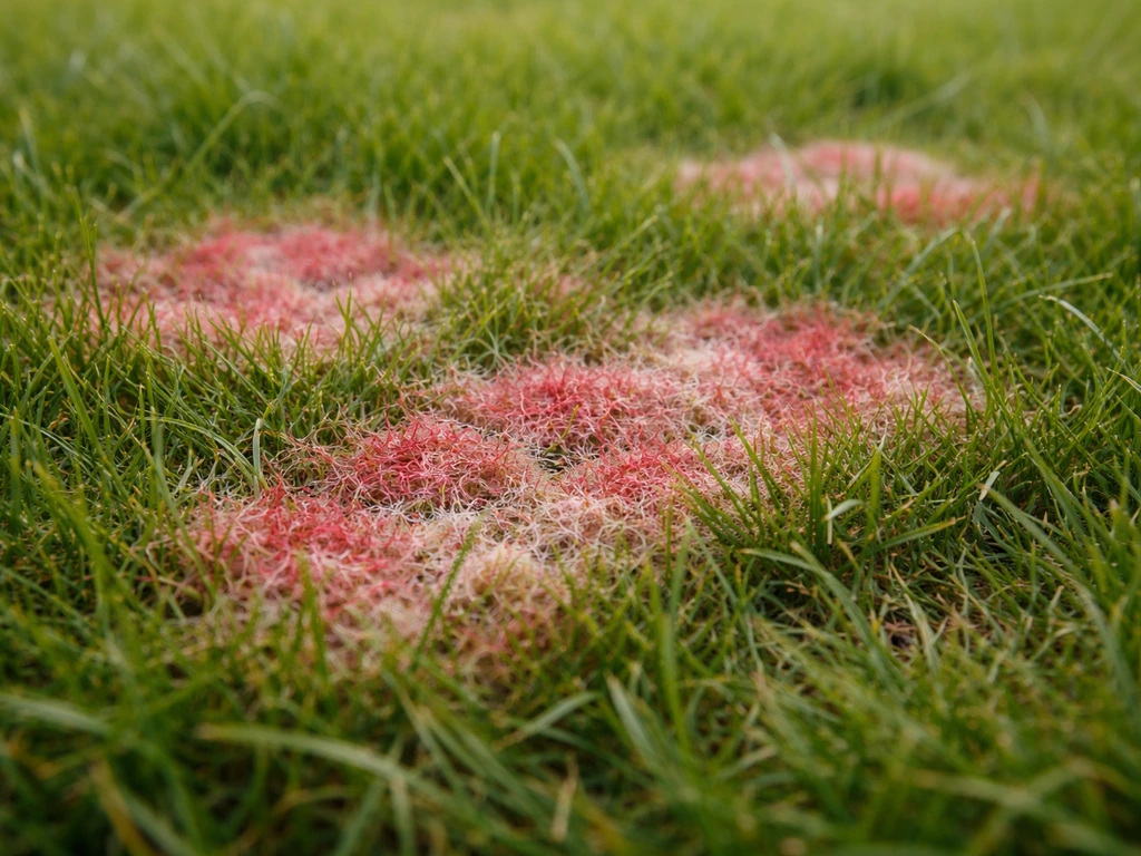 Gazon avec plaques taches rouge-rosé formant un aspect « carte », texture et contours bien visibles