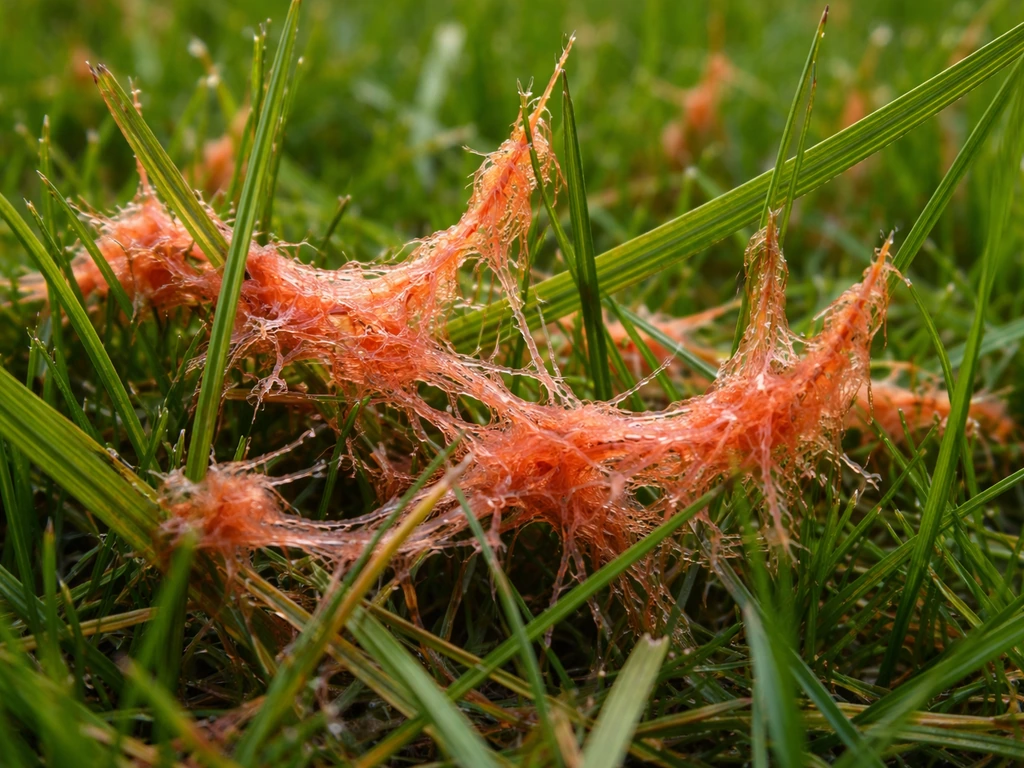 Gros plan sur du fil rouge (mycélium rose corail à orange-rouge) sur des brins d’herbe de pelouse