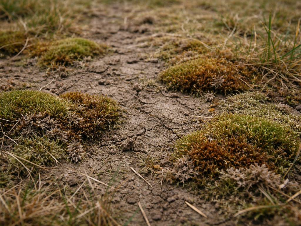 Gros plan sur mousse et lichens sur un gazon terne, sol compact et acide, texture spongieuse et verdure stressée.