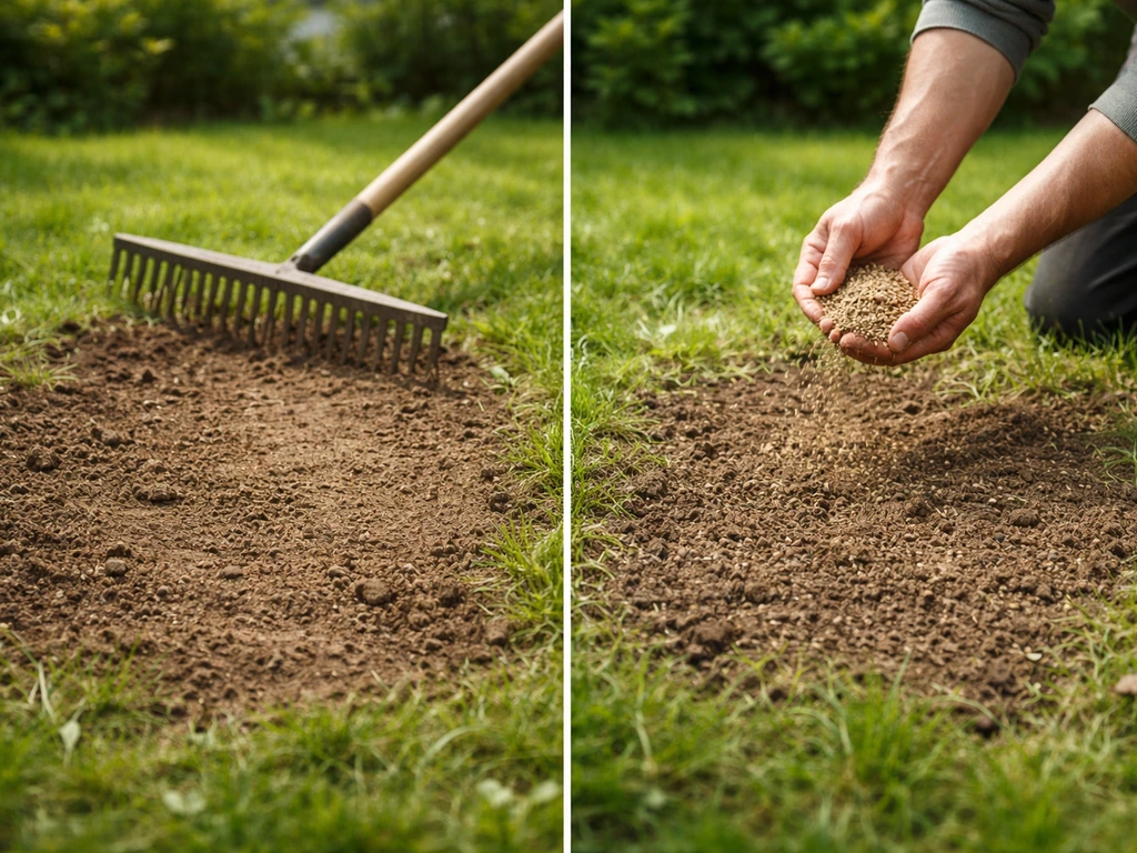 Jardinier anonyme qui gratte une zone clairsemée puis sème des graines en juin, avant/après de réparation