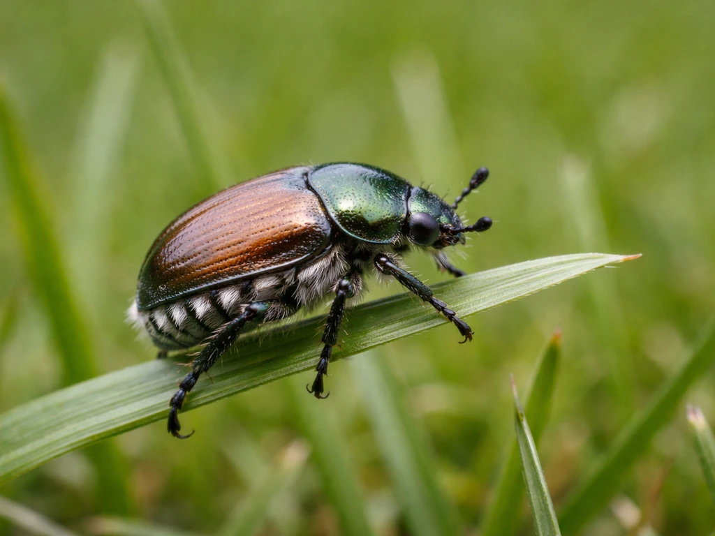 Scarabée japonais adulte sur un brin d’herbe de gazon, touffes de poils blancs visibles, élytres détaillés.
