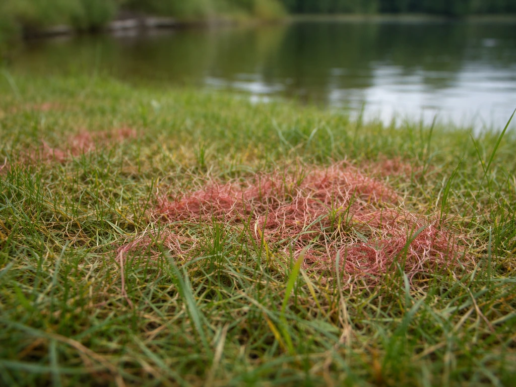 Gros plan sur un gazon avec zones rougeâtres et aspect filandreux entre les brins, au bord d’un petit lac