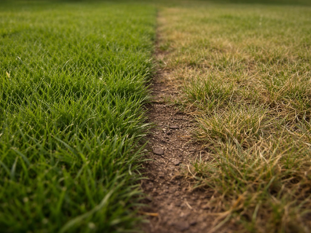 Deux carrés de gazon côte à côte : vert dense à gauche, zone jaunie et clairsemée à droite.