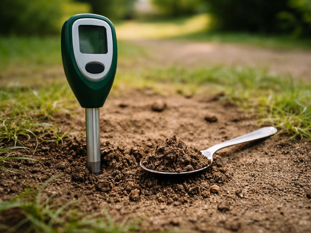Sonde ou kit de pH du sol près d’un échantillon de terre prélevé dans un jardin, lumière naturelle.