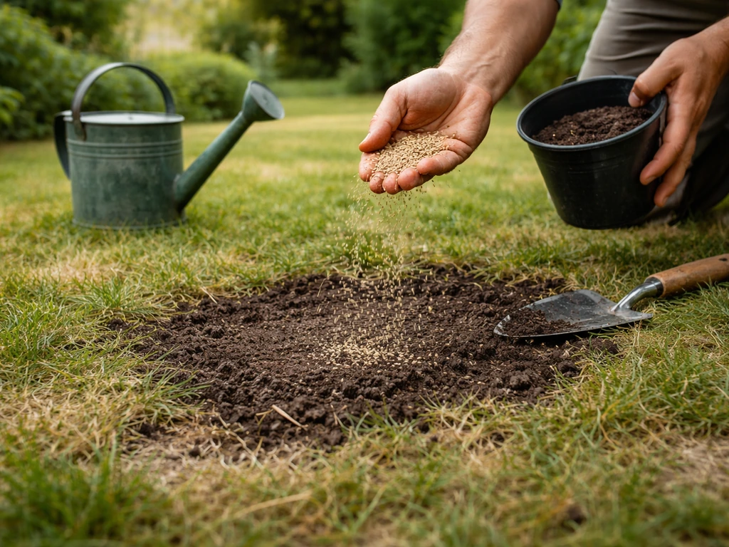 Jardinier arrose après sursemis : semences et terreau épandus sur une pelouse clairsemée