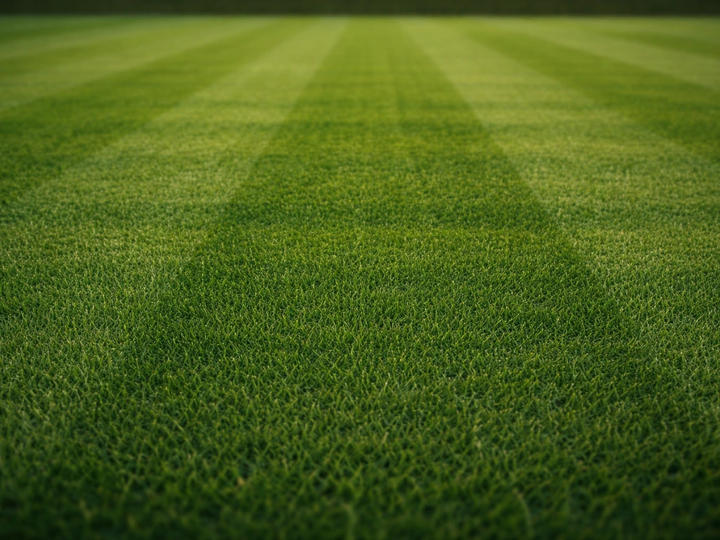 Gazon de stade vert profond et ras, très dense, avec des rayures nettes par la tonte.