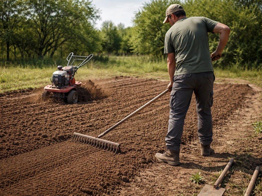Nivellement d’une terre de jardin avec râteau et passage d’un cultivateur pour préparer un lit de semences.