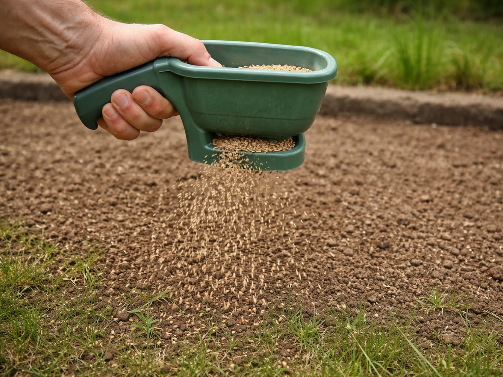 Main épandant des graines de pelouse avec un semoir manuel sur une petite pelouse préparée.