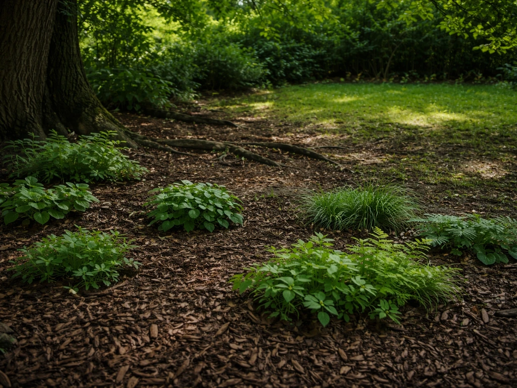 Jardin ombragé avec paillage sombre et couvre-sol fleuri en premier plan, alternative au gazon à l’ombre.
