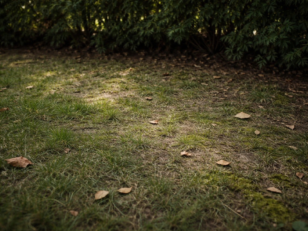 Gazon clairsemé et pâle sous une haie, lumière faible, feuilles mortes au sol.