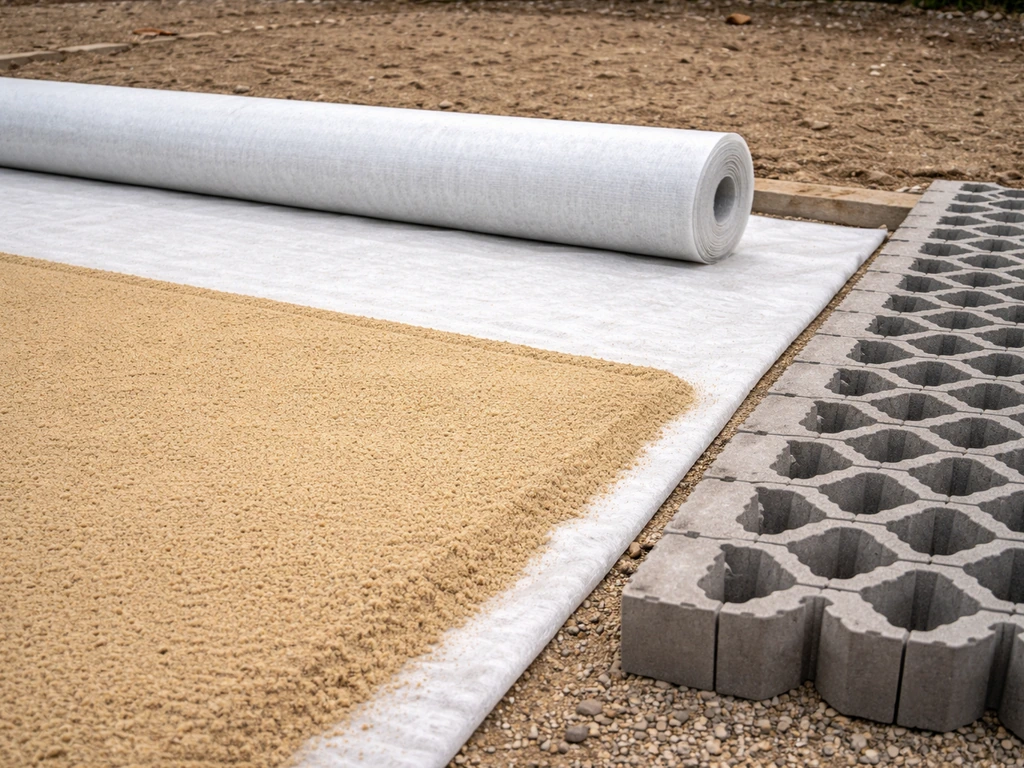 Gros plan chantier : géotextile déroulé et lit de sable nivelé avant pose de gazon ou dalles drainantes.