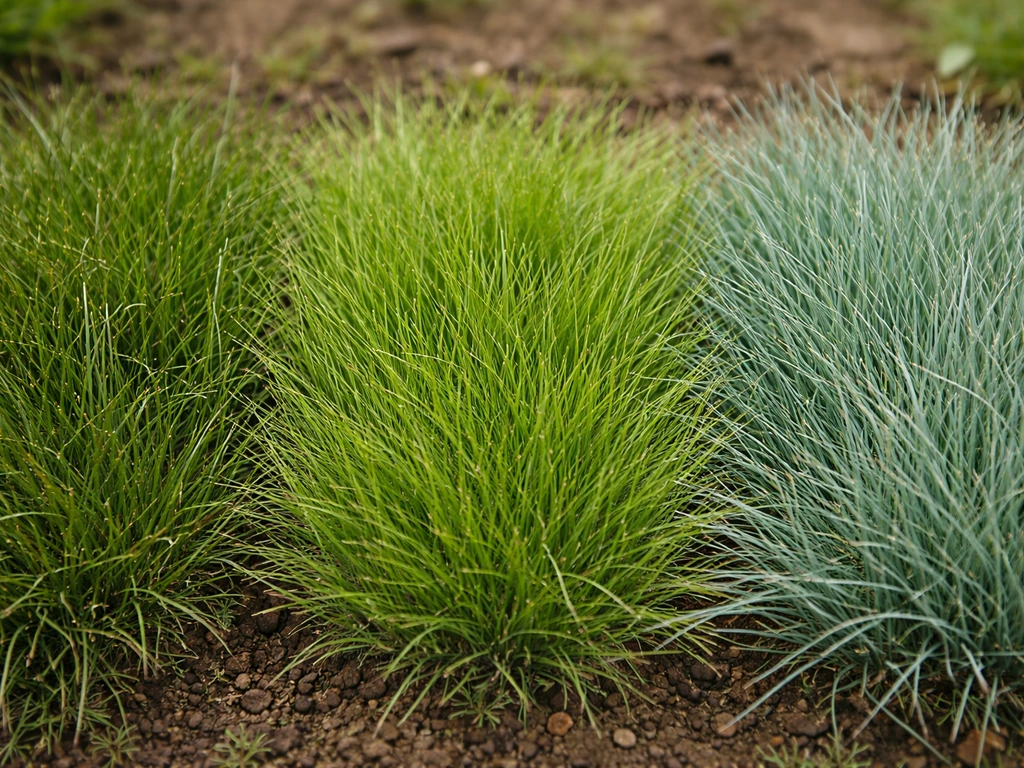 Gros plan sur trois textures d’herbe de fétuque rouge, ovine et bleue pour les distinguer au jardin.