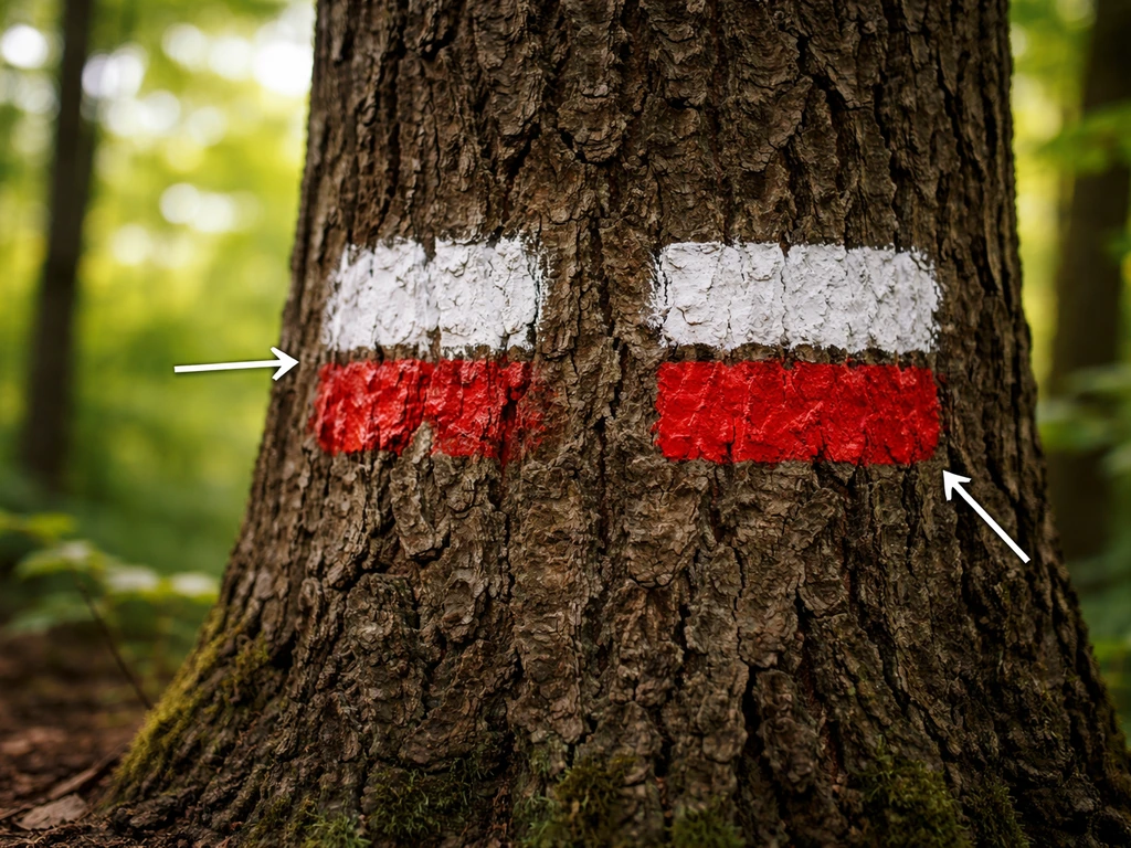 Photo au ras du sol montrant un marquage GR blanc sur rouge sur un arbre, avec deux flèches de mise en évidence.
