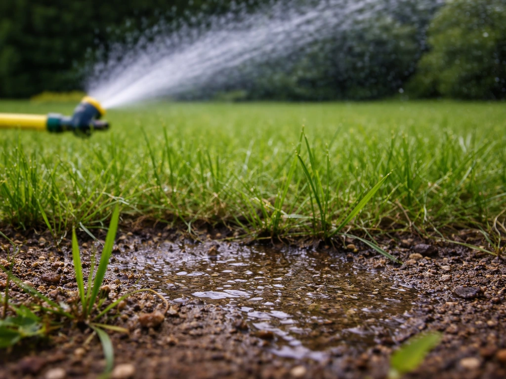Un arroseur règle l’eau qui pénètre le sol, pelouse fraîchement humidifiée en gros plan.