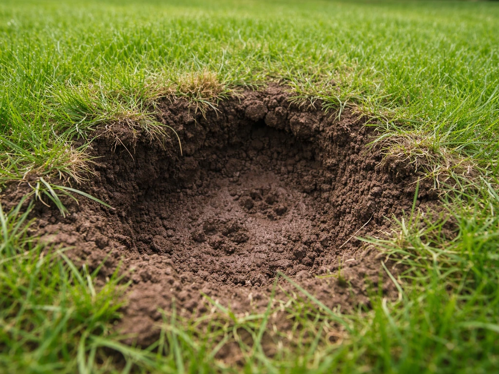 Trou fraîchement creusé par un chien dans une pelouse verte, avec traces de pattes et quelques brins d’herbe arrachés.
