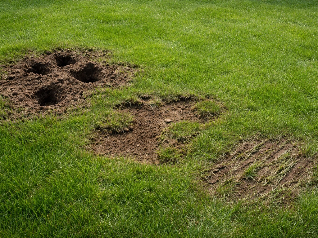 Pelouse de jardin avec trois types de dégâts : trous profonds, zone arrachée et griffures superficielles.