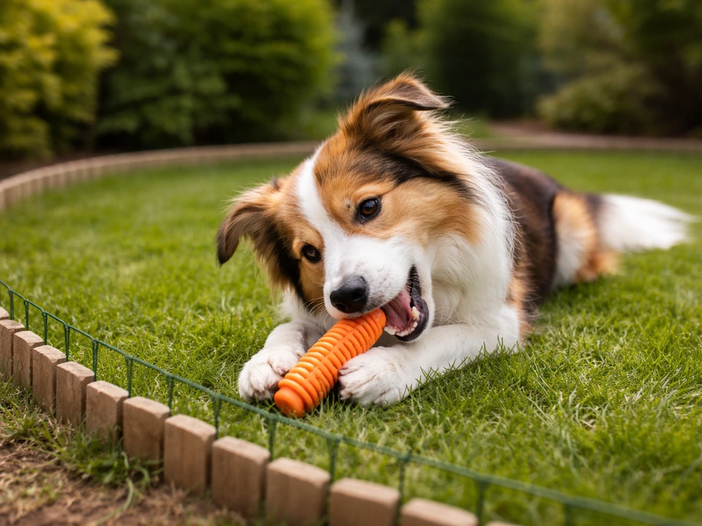 Chien sur une pelouse jouant et mâchant un jouet, pendant que la zone est protégée par une barrière discrète.