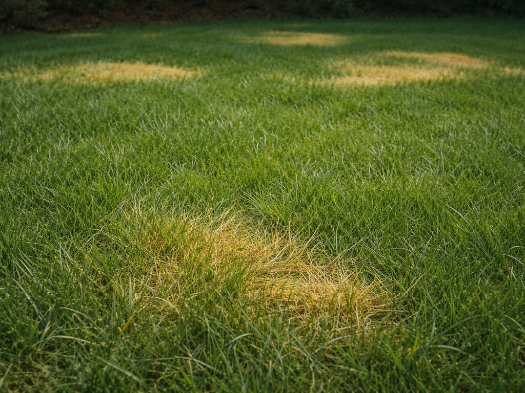 Gazon français avec plaques jaunies localisées au premier plan, laissant entrevoir des brins atteints sur l’herbe.