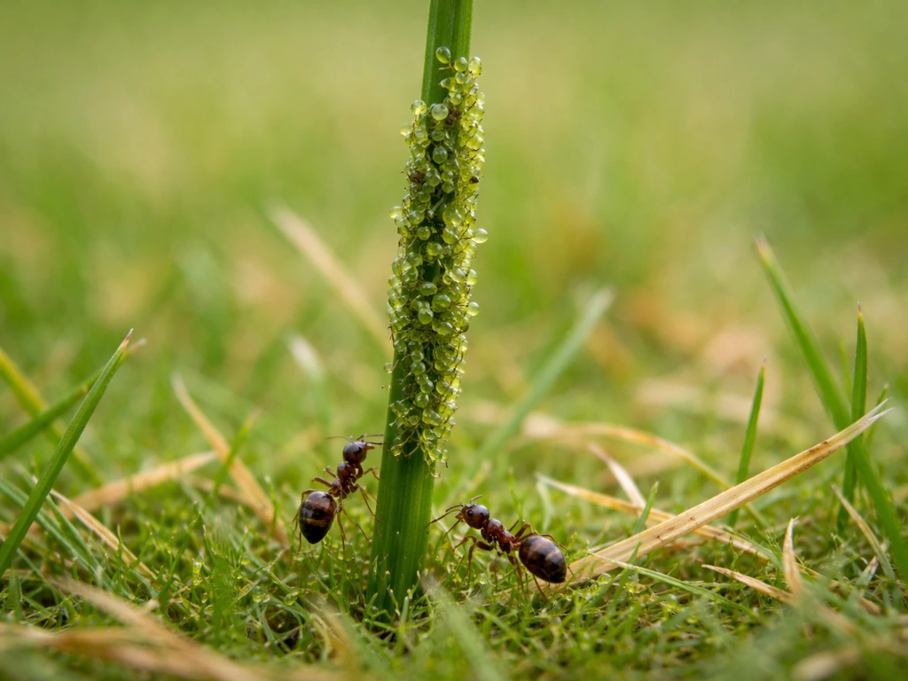 Macro d’insectes pucerons sur des brins d’herbe de gazon, avec quelques fourmis près des zones jaunies.
