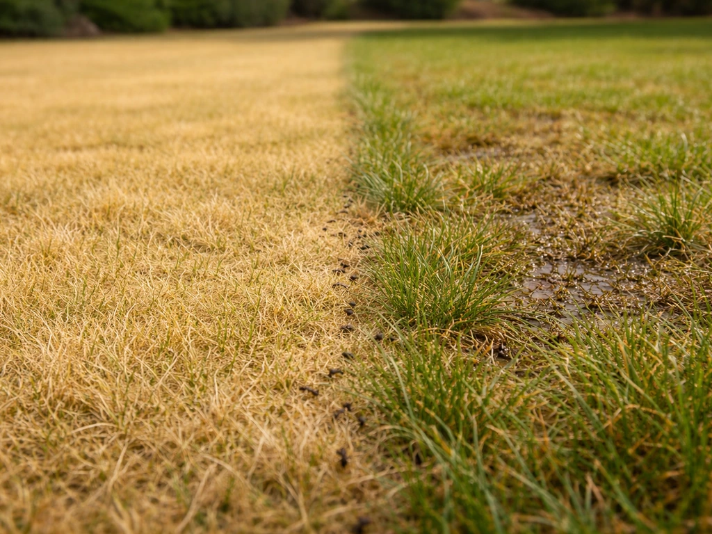 Pelouse en deux zones : jaunissement uniforme sans insectes à gauche, zone irrégulière avec brillance et fourmis à droit