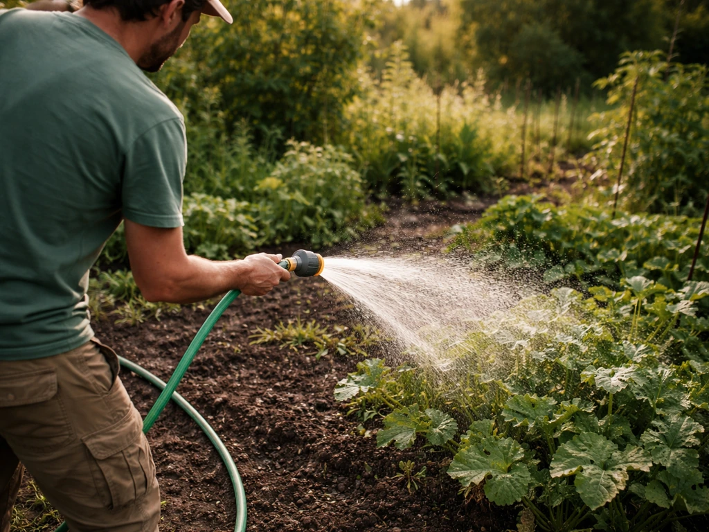 Arrosage matinal ciblé d’une zone de plantes avec un jet d’eau puissant dans un jardin privé.