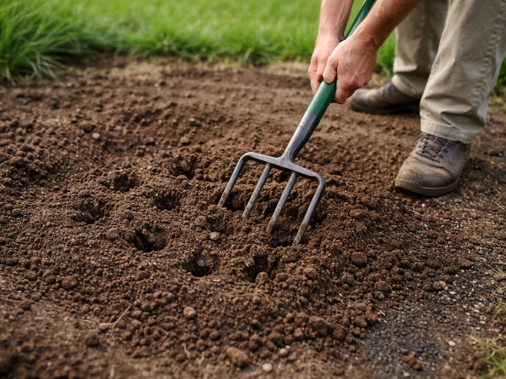 Mains utilisant une fourche-bêche pour aérer une zone de terre, trous fraîchement ouverts dans un jardin.