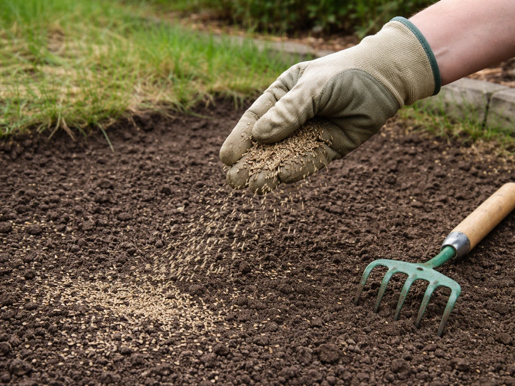 Main gantée qui répand des graines de gazon sur une zone de jardin préparée, avec un léger recouvrement.