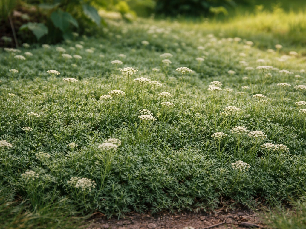 Tapis dense d’Achillea crithmifolia avec petites fleurs, aspect naturel de gazon dans un jardin.
