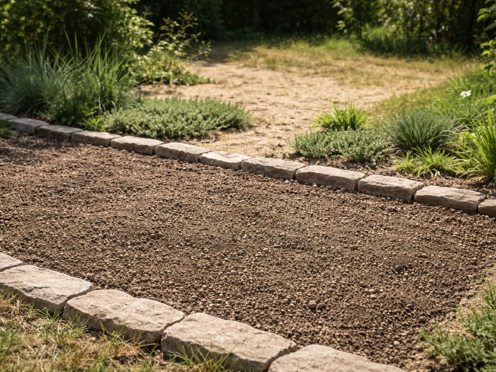 Parcelle de jardin en plein soleil avec sol drainé et bordure pierre, prête pour un futur tapis d’achillée.