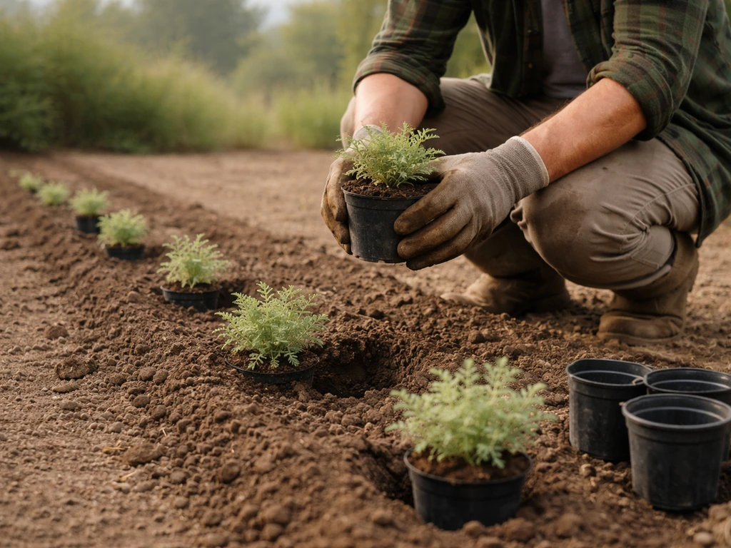 Jeunes plants d’Achillée crithmifolia en godets plantés dans un sol fraîchement préparé, espacement régulier