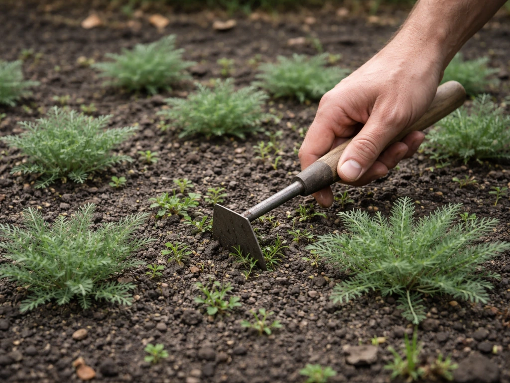 Jeune tapis d’achillée avec une main qui désherbe au pied des plants, mauvaises herbes visibles entre les touffes.