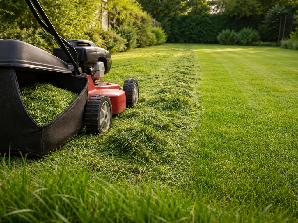 Pelouse fraîchement tondue, herbe ramassée dans le panier, et pelouse propre juste après la tonte