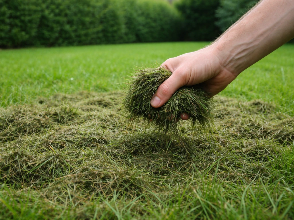 Main en train de ramasser de l’herbe tondue humide laissée en couche compacte sur une pelouse.