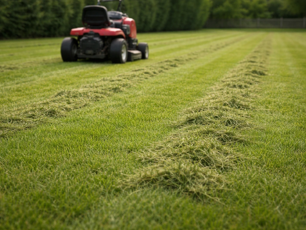 Andains d’herbe étalés après une tonte sans bac sur une pelouse de grande surface, pour séchage avant ramassage.