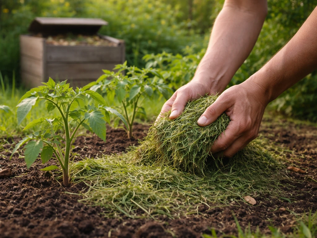 Herbe fraîche déposée en couche fine autour des plantes, et composteur en arrière-plan