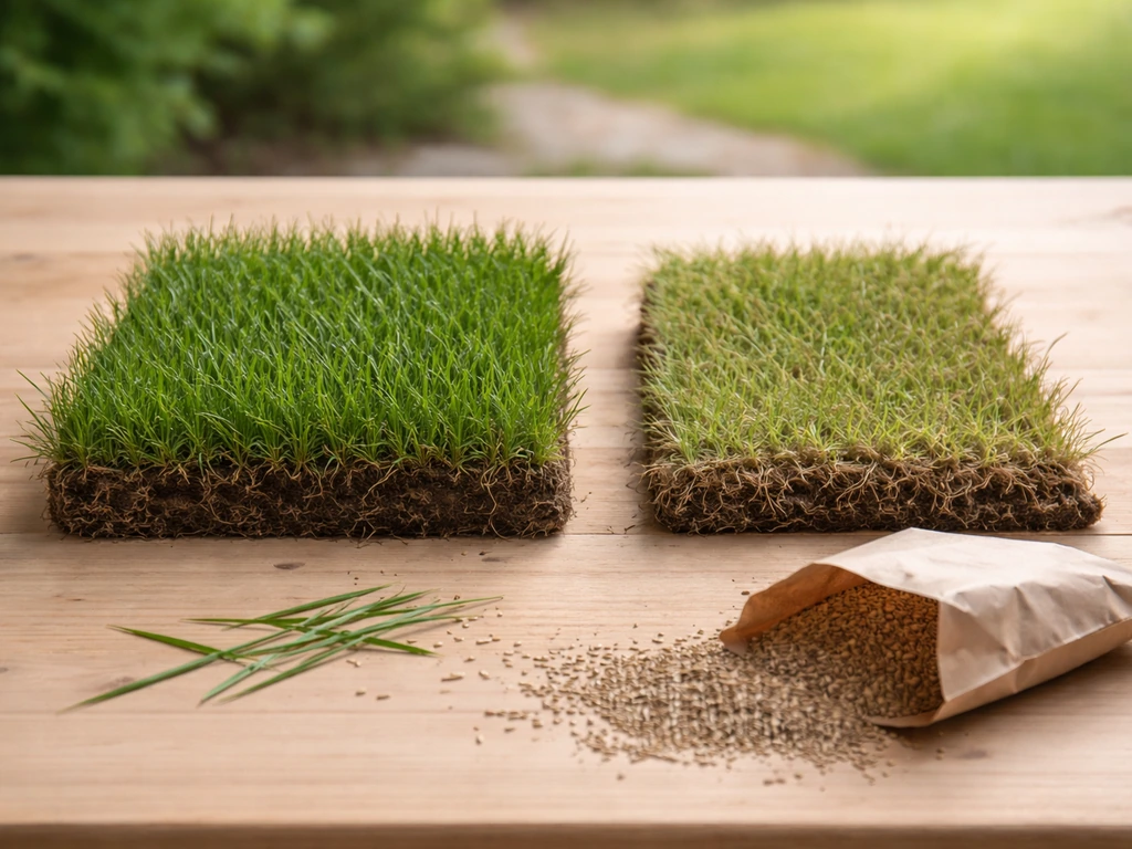 Deux échantillons de gazon sur une table, herbe dense et brins d’herbe pour illustrer le choix pour les jeux.
