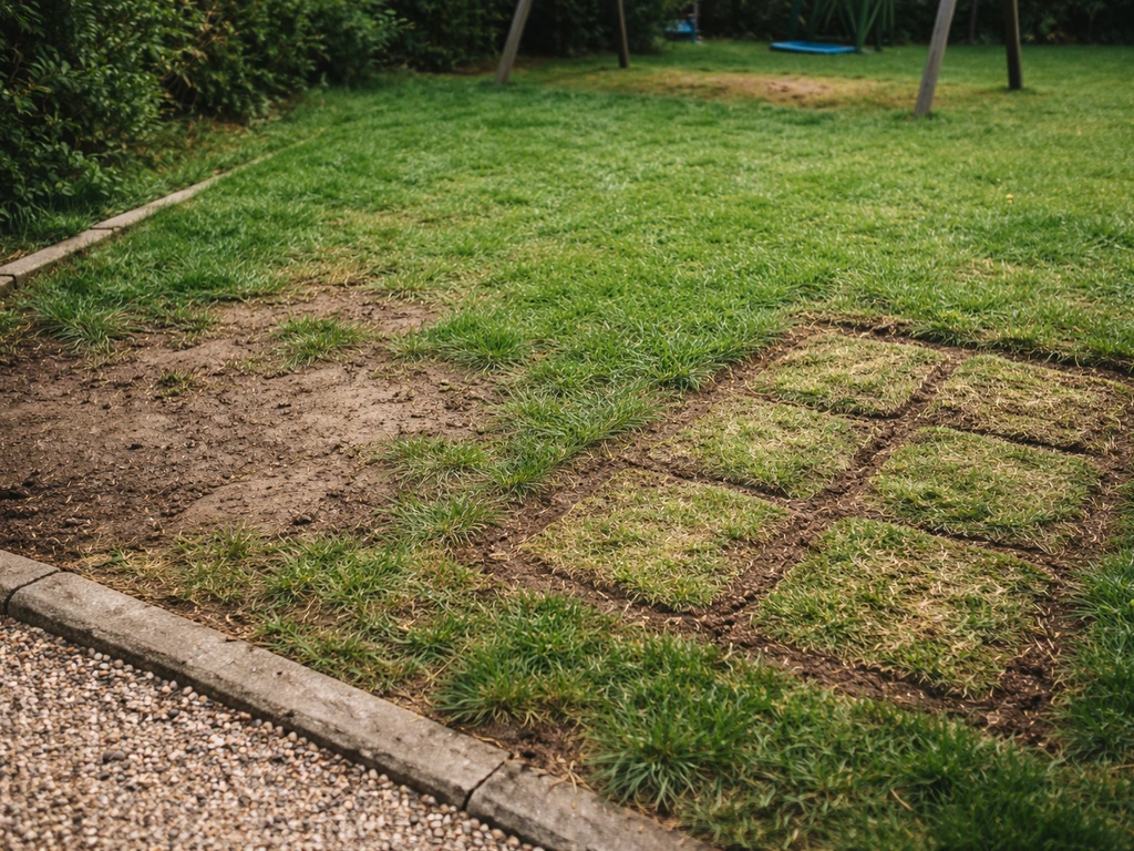 Jardin avec zone de jeu abîmée et réparation locale du gazon, près d’un chemin et d’une balançoire.