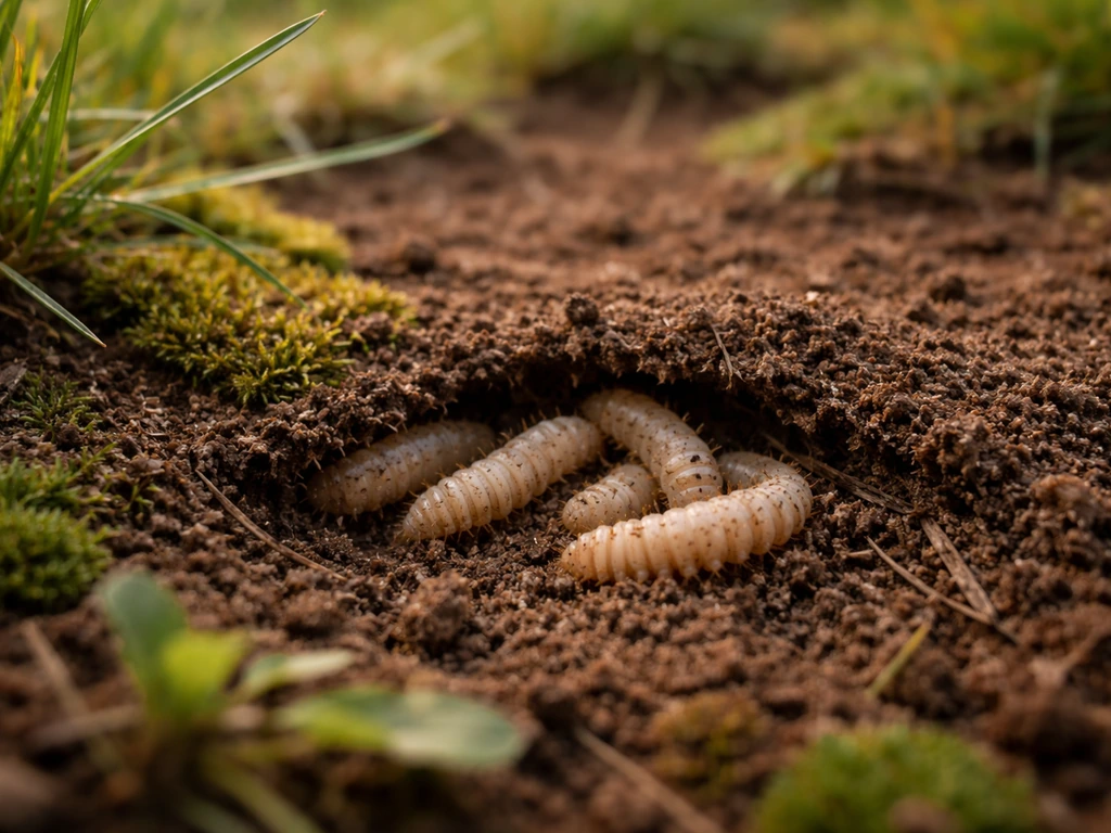 Vue au ras du sol en fin d’été, larves de tipules sous la terre dans un jardin français.